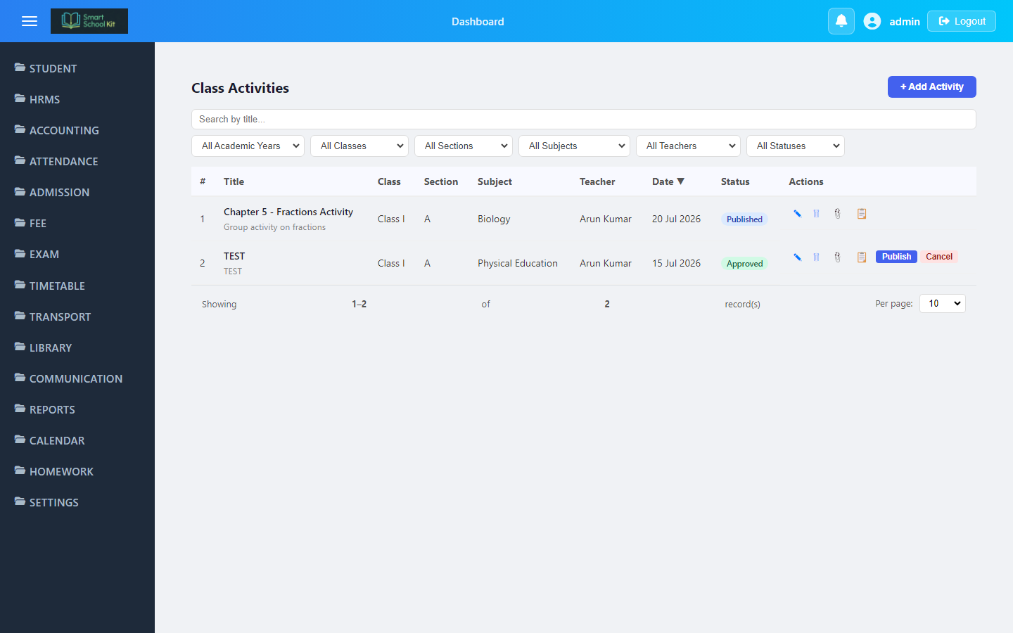 Class activities screenshot
