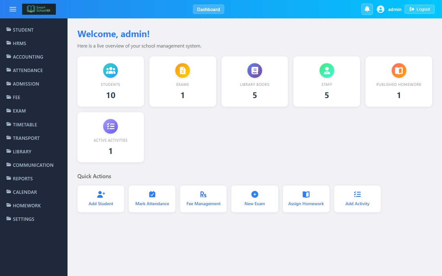 Smart School Kit ERP admin dashboard