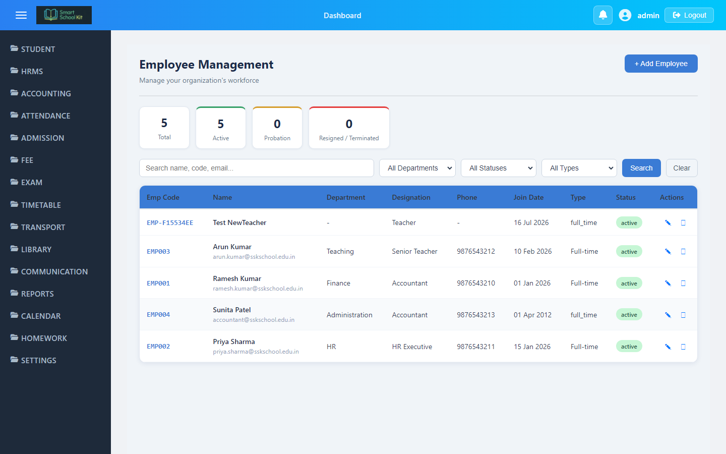 Employee management screenshot