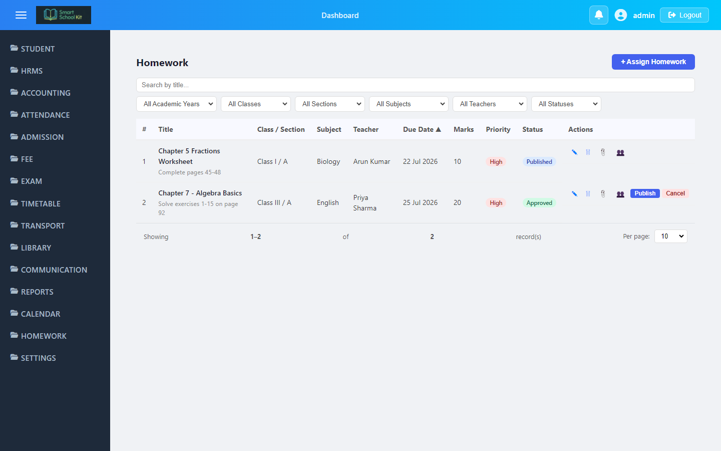 Homework management screenshot