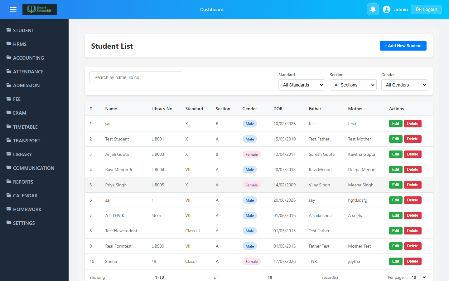 Student list screenshot